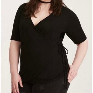 Torrid 2X Slub Knit Solid Black Wrap Front Side-Tie V-Neck Short Sleeve Tee NWT